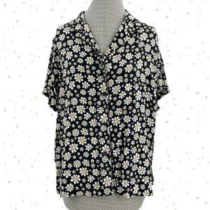 Big Bud Press Lazy Daisy Black White Floral Button Up Shirt Short Sleeve Size XL